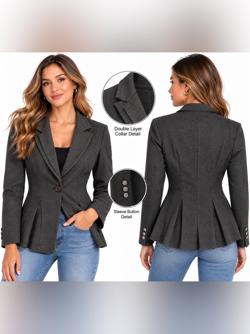 Hybrid & company Dark Charcoal Tailored peplum Women's‎ Blazer medium